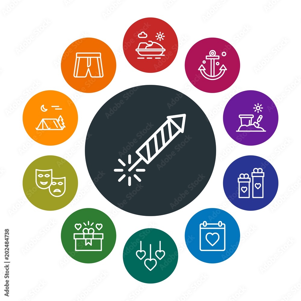 Fototapeta premium travel, valentine Infographic Colorful outline Icons Set. Contains such Icons as romantic, clothing, tent, heart, holiday, year, nautical, red, wave and more. Fully Editable. Pixel Perfect