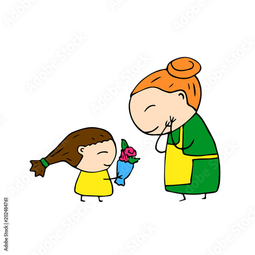 Happy mother and child handdrawn vector on white background. Cute handdrawn character. Mom and daughter.