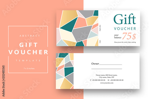 Trendy abstract gift voucher card templates. Modern discount coupon or certificate layout with artistic stroke pattern. Vector fashion bright background design with information sample text.