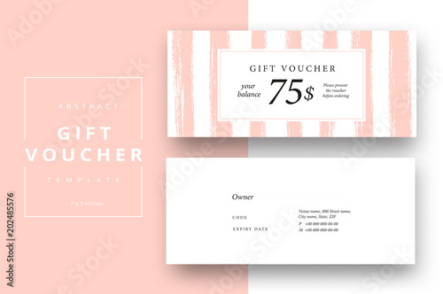 Trendy abstract gift voucher card templates. Modern discount coupon or certificate layout with artistic stroke pattern. Vector fashion bright background design with information sample text.