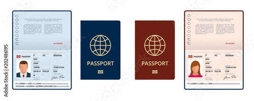 Vector Blank open passport template. International passport with sample personal data page. Document for travel and immigration. Isolated vector illustration