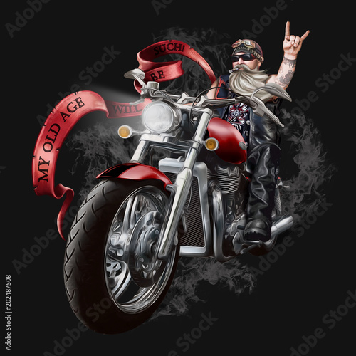 Illustration with an elderly biker on a large powerful motorcycle. The inscription "my old age will be such." Smoke from exhaust pipes. Beard, sunglasses and cigar, leather clothes. Rock and metal. Is © DanIce