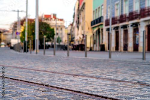 Street with a tram line of rails. Selective focus . © Kalnenko
