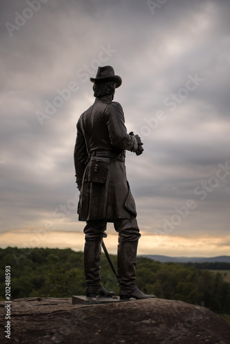 Sunset behind the Gouverneur Warren Statue at Little Round Top  Gettysburg  Pennsylvania