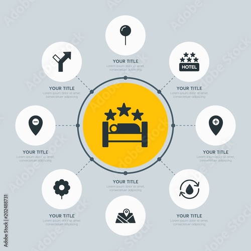 Circle network chart hotel, location, nature infographic template with 8 options for presentations, advertising, annual reports.