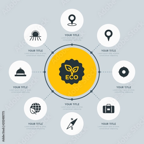 Circle network chart hotel, location, nature infographic template with 8 options for presentations, advertising, annual reports.