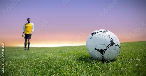 Soccer player on grass with sky