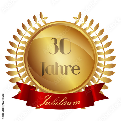 Medaille mit Lorbeeren und Banner - 30 Jahre - gold 3D