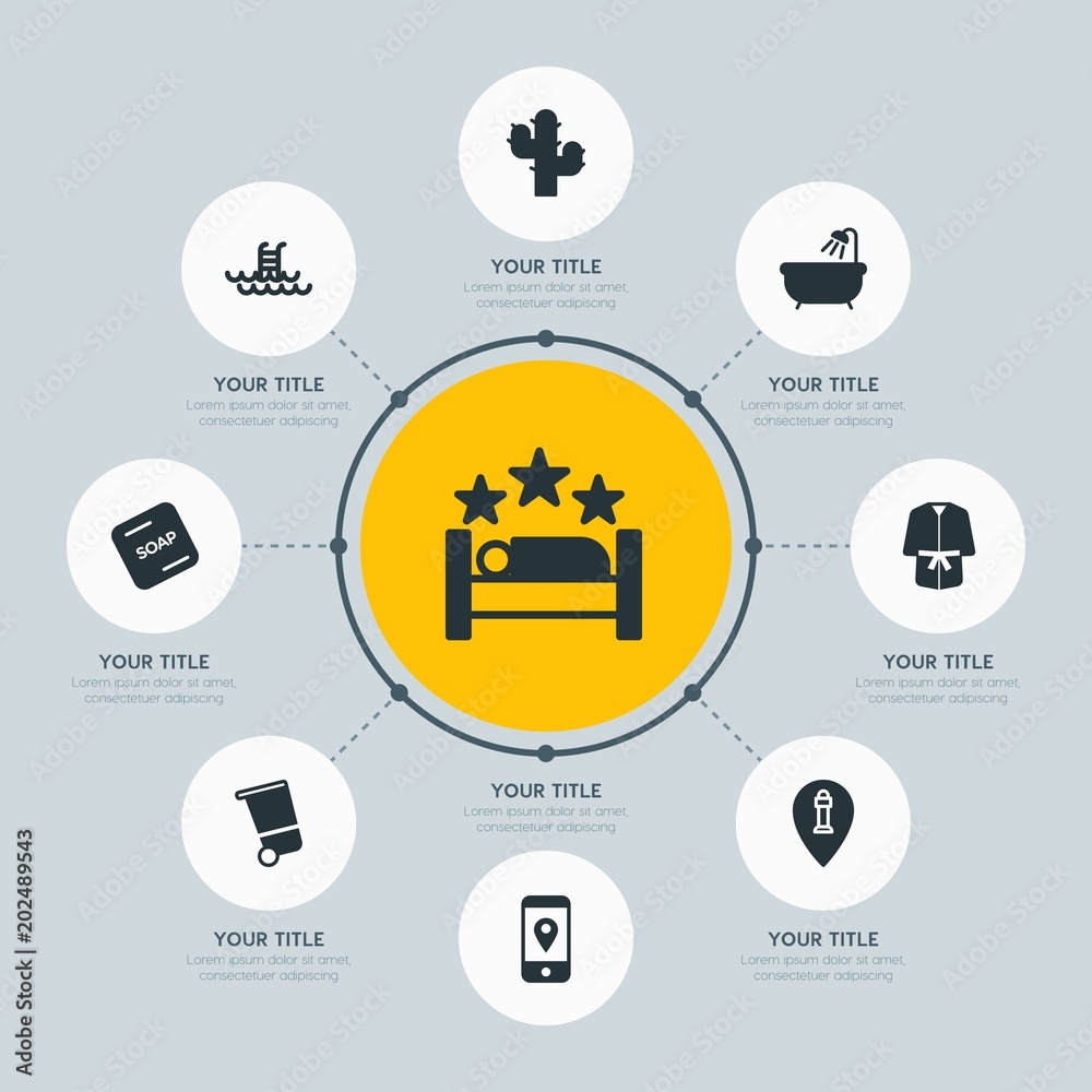 Circle network chart hotel, location, nature infographic template with 8 options for presentations, advertising, annual reports. Circle network chart hotel, location, nature infographic template with 8 options for presentations, advertising, annual reports.