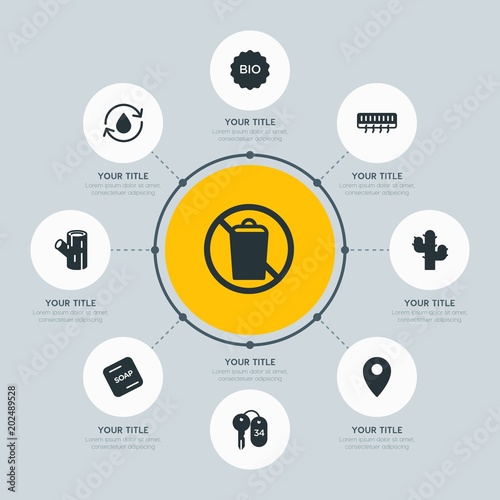Circle network chart hotel, location, nature infographic template with 8 options for presentations, advertising, annual reports.