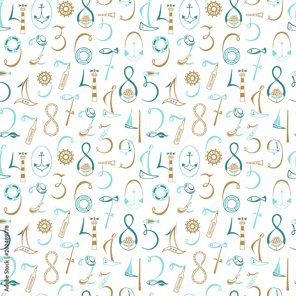 Lettering numbers 1, 2, 3, 4, 5, 6, 7, 8, 9, 0 marine elements. Hand drawn vector illustration. Sailboat, life preserver, lighthouse, fish, a telescope, a bell, hat, anchor, ship. Seamless pattern. Lettering numbers 1, 2, 3, 4, 5, 6, 7, 8, 9, 0 marine elements. Hand drawn vector illustration. Sailboat, life preserver, lighthouse, fish, a telescope, a bell, hat, anchor, ship. Seamless pattern.