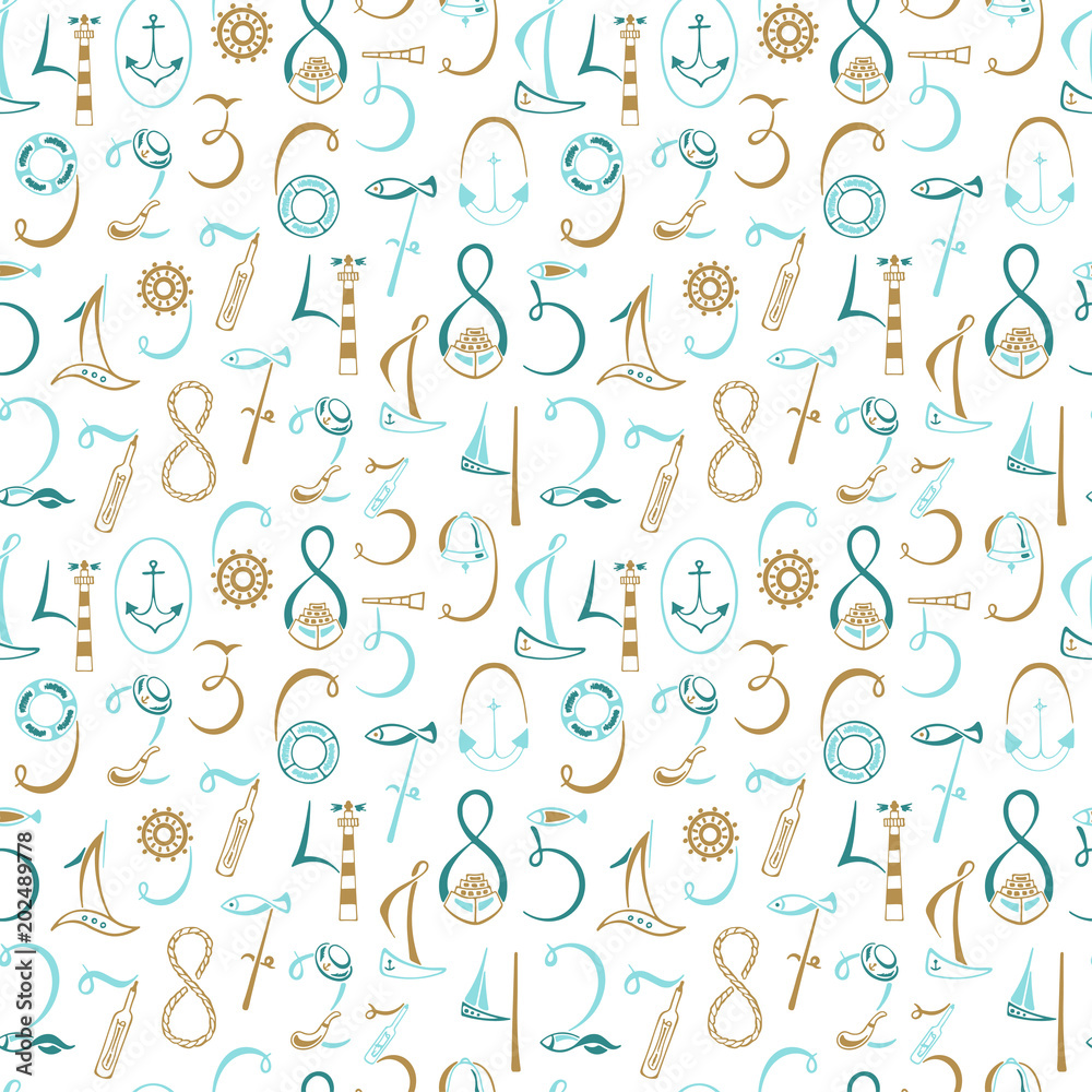 Lettering numbers 1, 2, 3, 4, 5, 6, 7, 8, 9, 0 marine elements. Hand drawn vector illustration. Sailboat, life preserver, lighthouse, fish, a telescope, a bell, hat, anchor, ship. Seamless pattern.