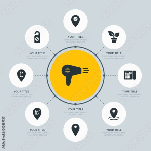 Circle network chart hotel, location, nature infographic template with 8 options for presentations, advertising, annual reports.