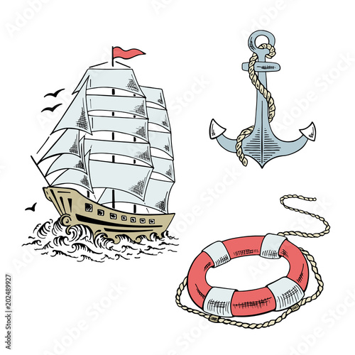 Anchor, boat,  lifebuoy, lighthouse, ship, sailboat sketch set. Hand drawn vector illustration.
