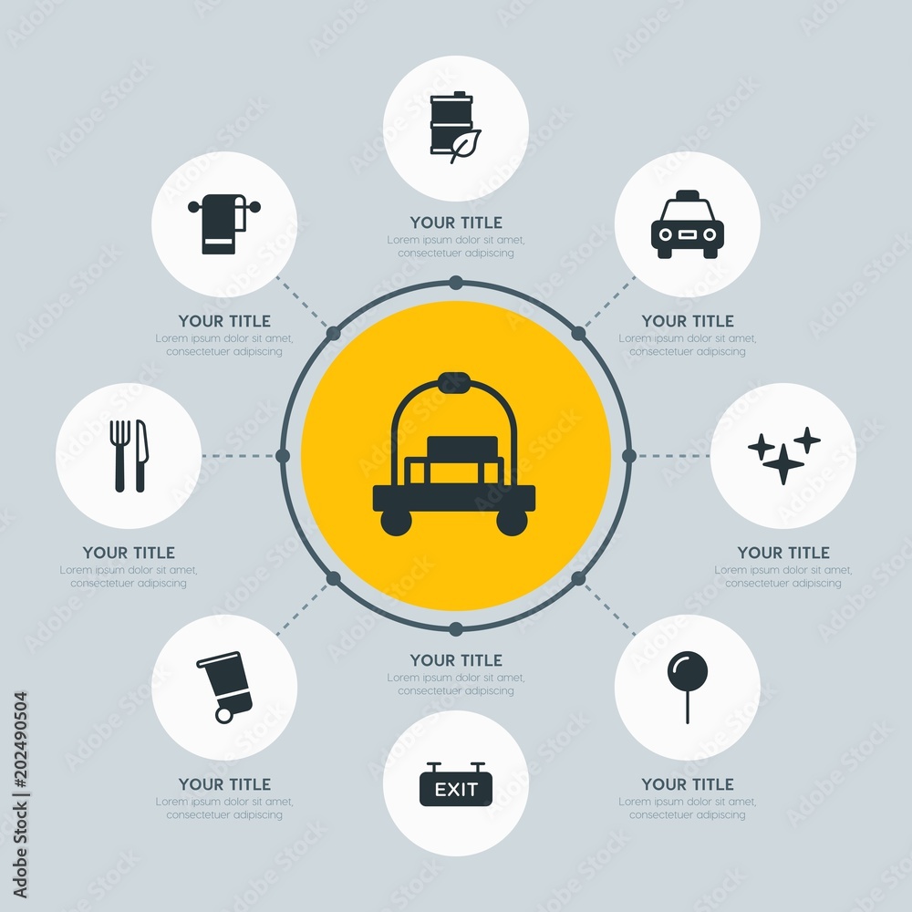 Circle network chart hotel, location, nature infographic template with 8 options for presentations, advertising, annual reports. Circle network chart hotel, location, nature infographic template with 8 options for presentations, advertising, annual reports.