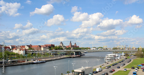 A view of the Szczecin city in western Poland in summer time with Odra River and the bridge.