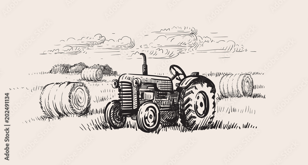 Φωτογραφία old tractor with a rural scene