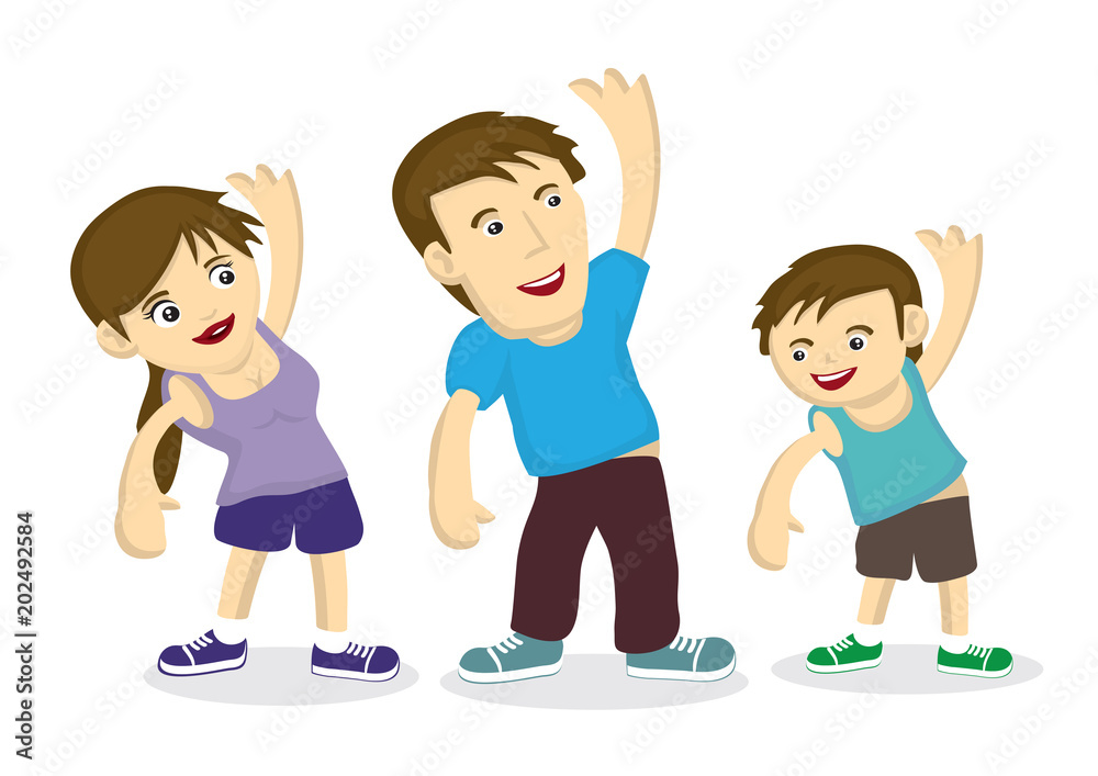 Family of three exercise together. Concept of bonding and fitness of family members.