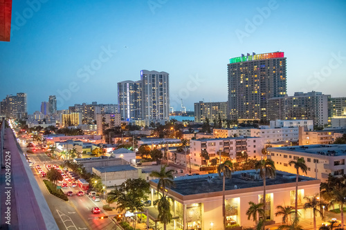 Aerial view of Miami Beach skyline at night, Florida