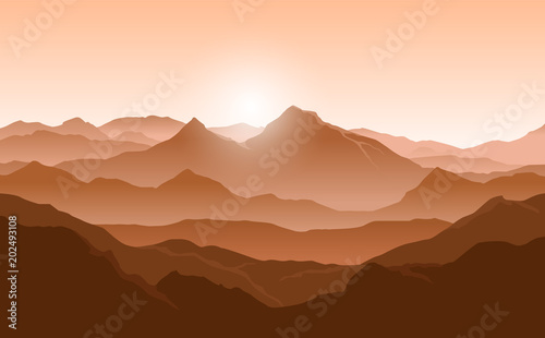 Vector landscape with orange silhouettes of mountains and evening sunlight
