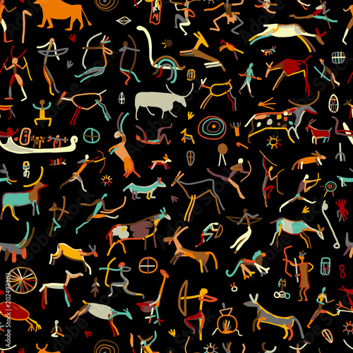 Rock paintings with ethnic people, seamless pattern