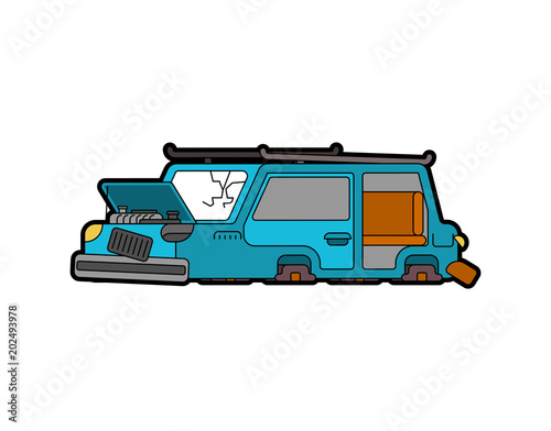 Car broken isolated. Auto and Blown wheels. shattered glass. Vector illustration