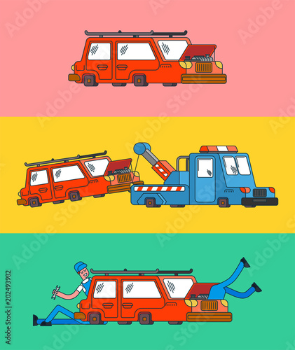 Car repair set banner. Car service. Mechanic at work. automobile broke down. Tow truck. Wrecker Evacuates auto. Help on road.