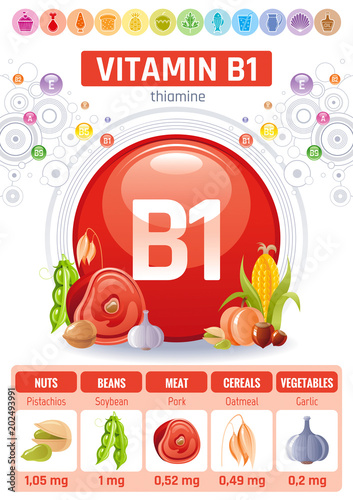 Thiamine Vitamin B1 food icons. Healthy eating flat icon set, text letter logo, isolated background. Diet Infographic chart poster, pork meat, soybean, oatmeal Table vector illustration, human benefit