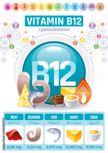 Cyanocobalamin Vitamin B12 supplement food icons. Healthy eating flat icon set, nutrition text letter. Diet Infographics chart banner, fish seafood, egg, dairy. Table vector illustration human benefit