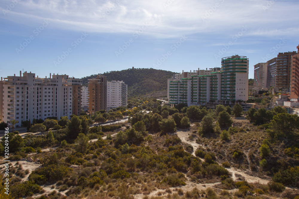 Skyscrapers in the mountains. Benidorm. High-rise buildings.