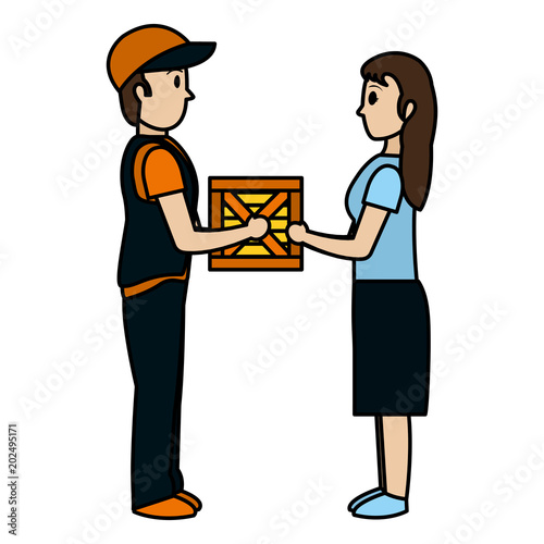 color man delivering package service to woman