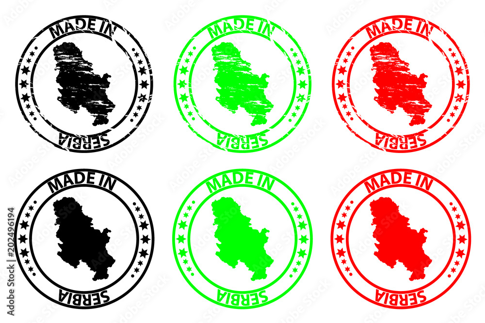 Made in Serbia - rubber stamp - vector, Serbia map pattern - black, green and red