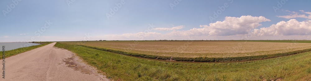 Panorama picture of Scardovari bay, cart road and fields in the nature reserve Delta del Po. Italy, Veneto Region, Europe.