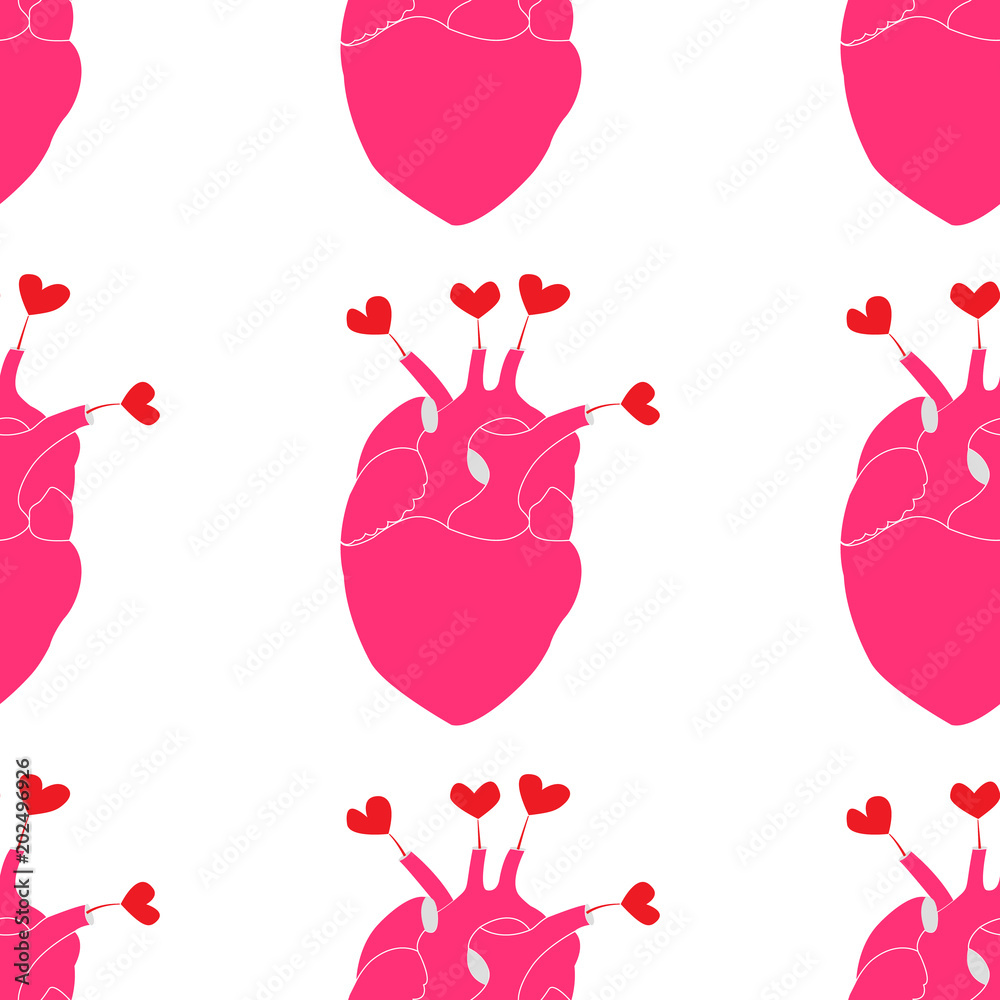 Red hearts seamless pattern. Vector illustration. Handwritten quote for prints on t-shirts and posters.