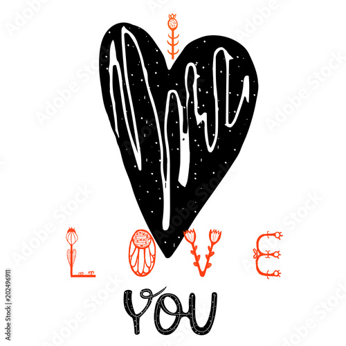 Vector illustration I Love You. with a picture of a black heart. lettering. Handwritten quote for prints on t-shirts and posters.