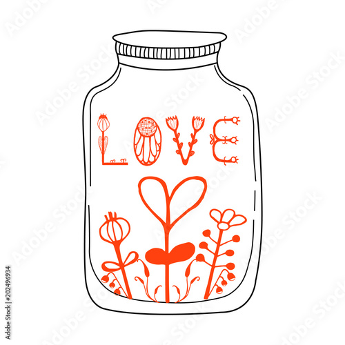 Vector illustration with jar, hearts and lettering words - love. Cute and romantic background with text. Vintage love concept typography poster, print design, greeting card.