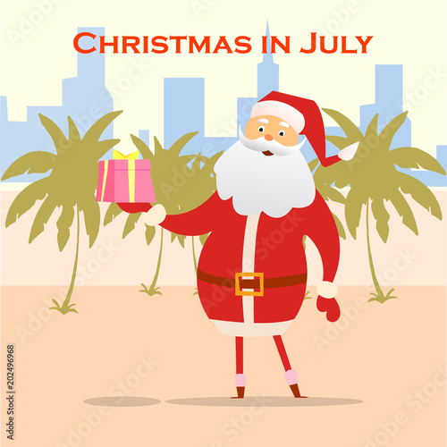 Summer Santa Claus on the beach. Vector cute cartoon character. Christmas in July Sale marketing template. EPS 10 vector.