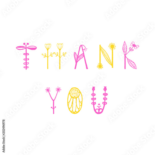 Hand Drawn floral lettering with words Thank you. Unique typographic element for postcard, greeting card or thank you card. Vector illustration.