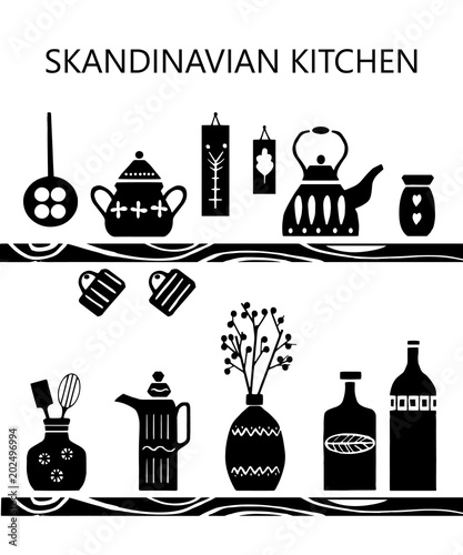 Vector hand drawn poster in the style of "Hygge".  Kitchenware in the Scandinavian folk patterns. For the menu of tea cafe, packing.