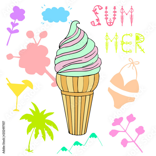 Vector illustration of an ice cream. Doodle texture with swet dessert. Perfect background for cafe or restaurant menu.