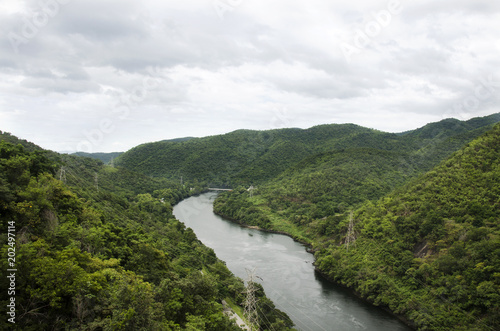 View landscape of mountain and forest with Bhumibol Dam in Tak, Thailand