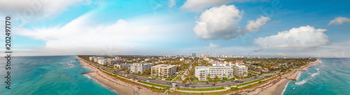 Palm Beach aerial sunset panoramic view, Florida coastline