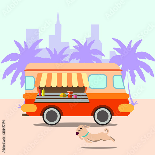 Street food truck with cafe umbrella. Fast Food Delivery. Vector Illustration