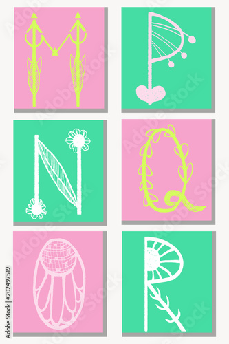Cute hand drawn alphabet in flower style made in vector. Doodle letters M, N, O, P, Q, R for your design. Isolated characters. Handdrawn font.