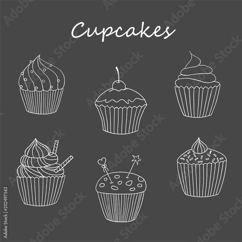 Vector cupcake illustration. Set of hand drawn cupcakes. Doodle cakes with cream and berries.