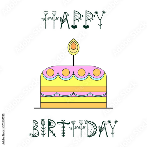 Cute happy birthday card with cake and candles. vector illustration