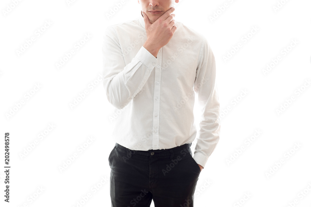Thoughtful white man, businessman thinks Thoughtful white man, businessman thinks