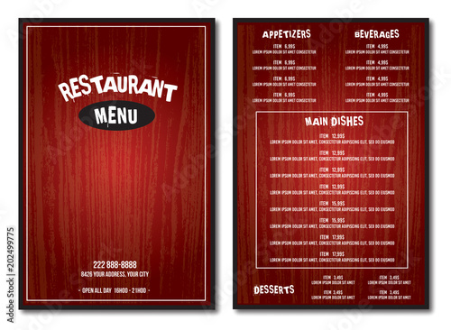 Restaurant red menu template wood texture text is outline fond is bebas and broken 15
