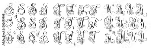 calligraphy letters set S, T and U, script font