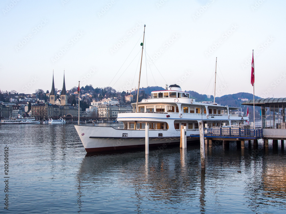 Fototapeta premium Lake Lucerne with a scenic ship docked
